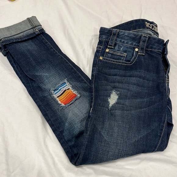 Like new rock & roll double roll skinny jeans with serape patches & holes - Picture 2 of 6